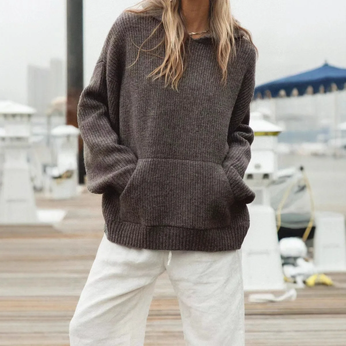 

Autumn Knitted Women's Cardigan With Pocket Winter Sweater Casual Cute Vintage Solid Color Cardigan Women With Hood Top Pullover