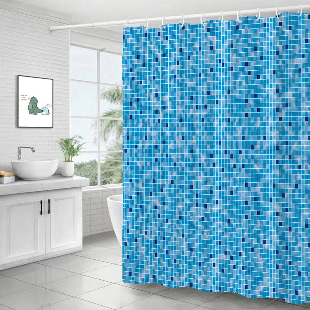 Blue Mosaic Pattern Bath Curtain Waterproof Shower Curtains Geometric Bath Screen Printed Curtain with Hooks for Bathroom Gift