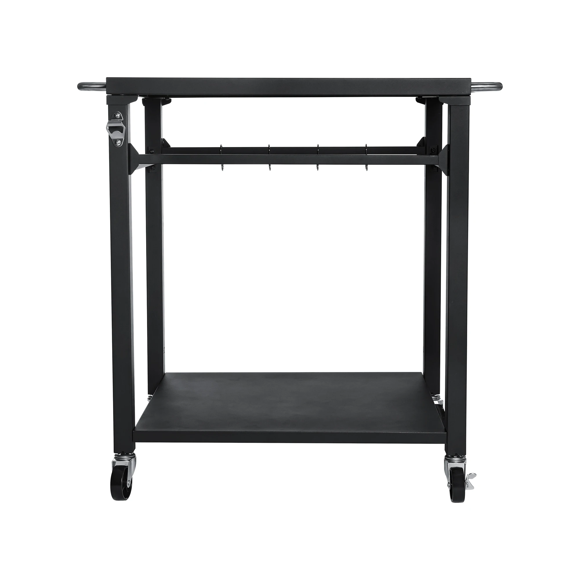 

Black 2-Tier Outdoor Grill Cart Rolling Utility BBQ Prep Table with Lockable Wheels Hooks And Bottle Opener