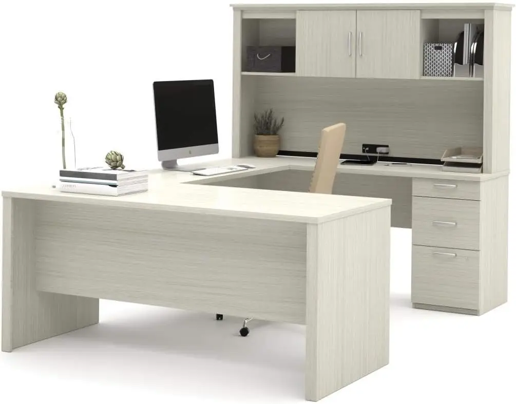 Bestar Logan Escritorio de oficina ejecutiva en forma de U o L de 66 W con pedestal y aparador en chocolate blanco