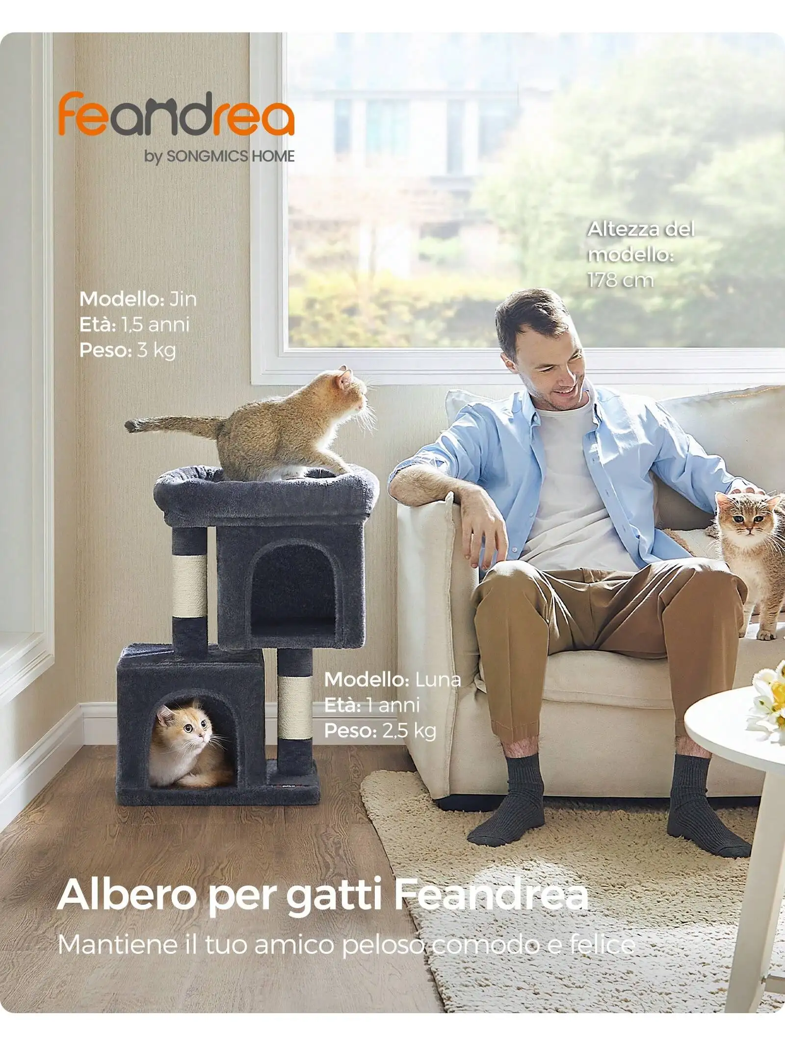 Feandrea S Cat Tree: 67cm tower for kittens up to 3kg, with perch, 2 caves, scratching post, Smoky Grey.