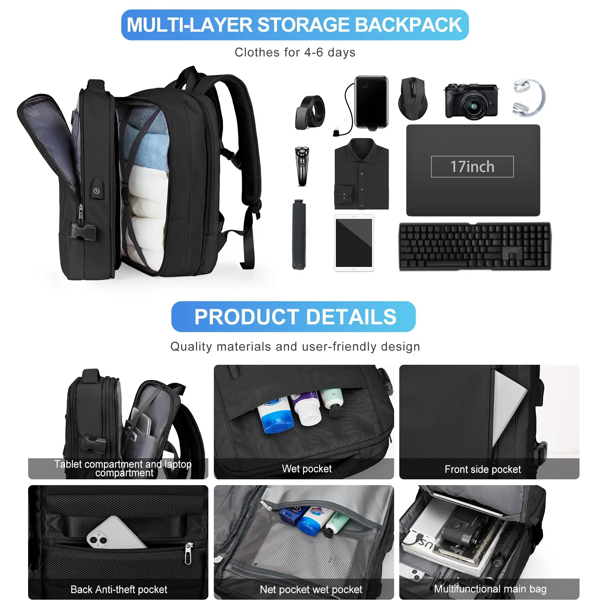 Likros-mochila de viaje de negocios para hombre, morral expandible e impermeable, de gran capacidad, para ordenador portátil de viaje de fin de semana