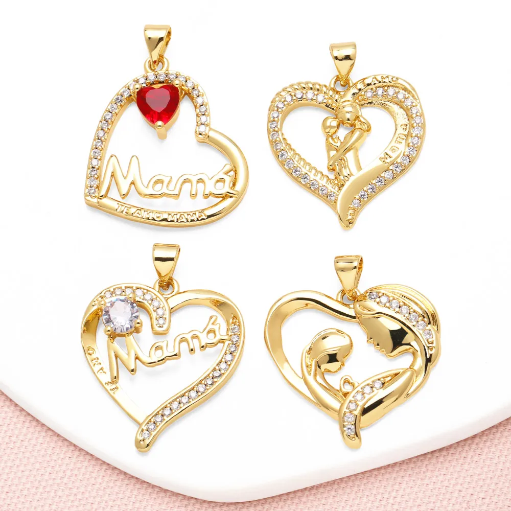 OCESRIO Colgante de mamá con forma de corazón de cristal rojo para collar, chapado en oro y cobre, suministros para hacer joyas de amor para el día de la madre pdta035