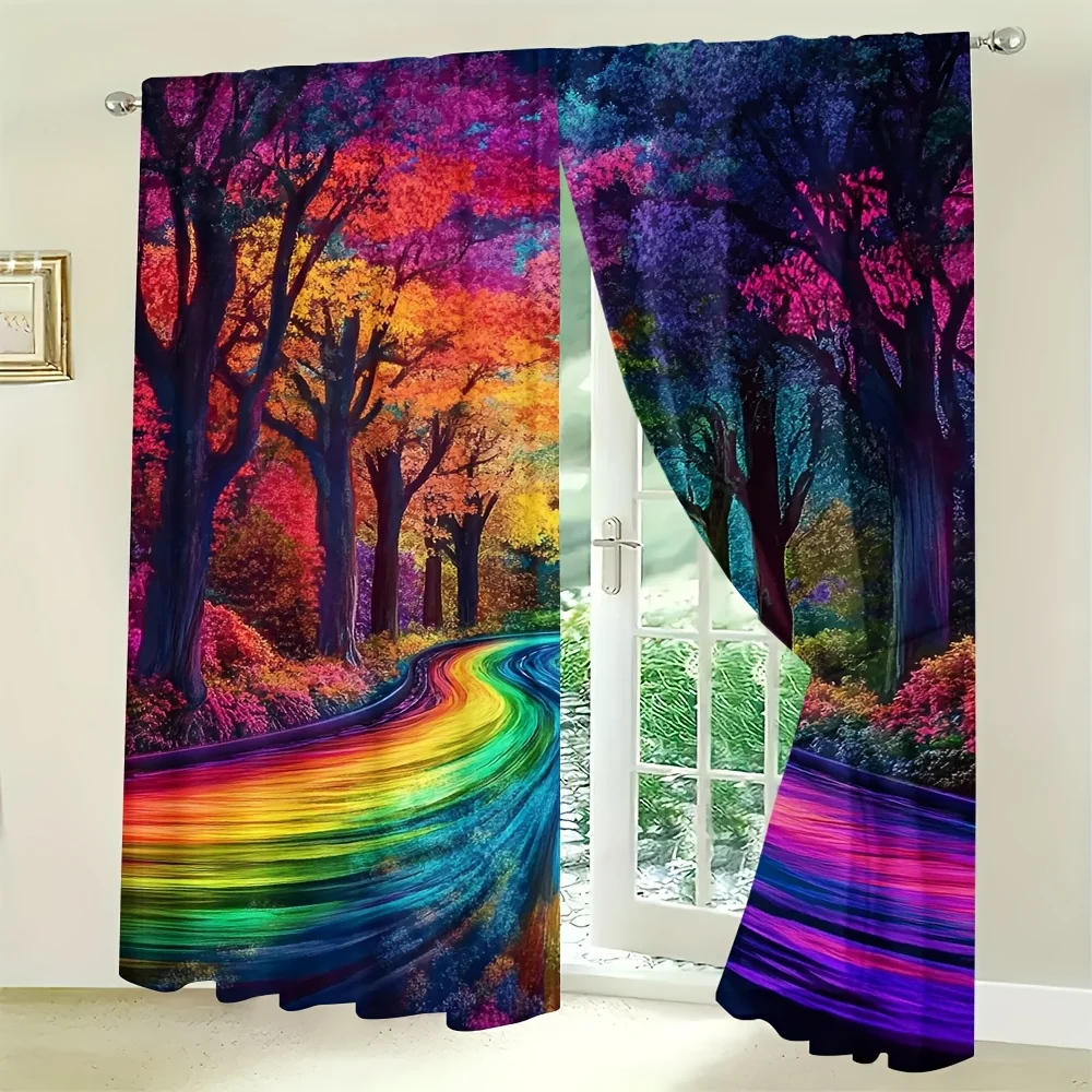 2pcs Art Deco Forest Rainbow Trail Tree Curtain Panels, 100% Polyester Semi-Sheer Woven Rod Pocket Drapes for Bedroom, Machine W