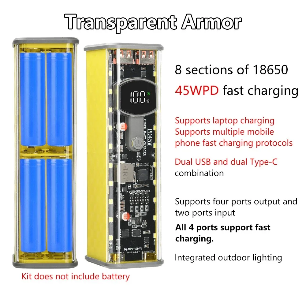 PD45W Powerbank-Gehäuse-Set 8*18650 Powerbank-Batterie-Aufbewahrungsbox Schnellladender Batteriehalter mit LED-Licht USB+Typ-C