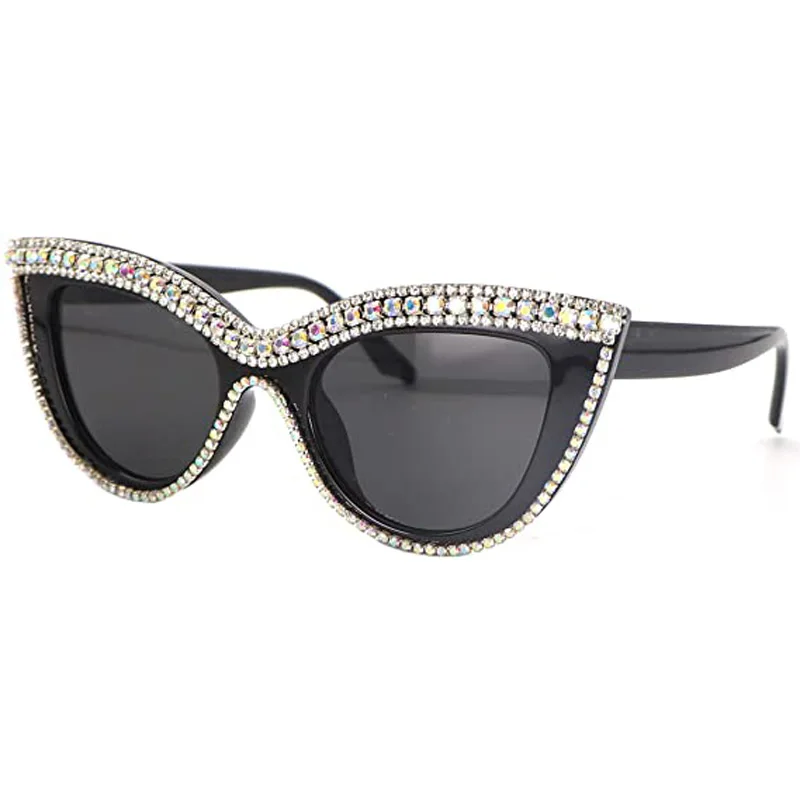 Fashion Bling Bling Cat Eye Sunglasses Women Rhinestone Trim Eyeglasses Female UV400 Protection