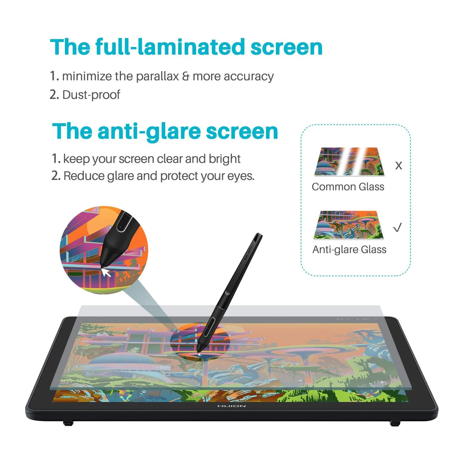 21.5 Inch Huion Kamvas 22 Graphics Tablet Pen Display Full Lamination Screen 1200:1 Contrast Ratio 120%~140% sRGB Gamut