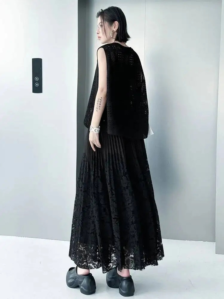 Waist High Elastic White Lace Color-block Pleated Midi Half-body Skirt Women Fashion New Spring Autumn 2026 VB57