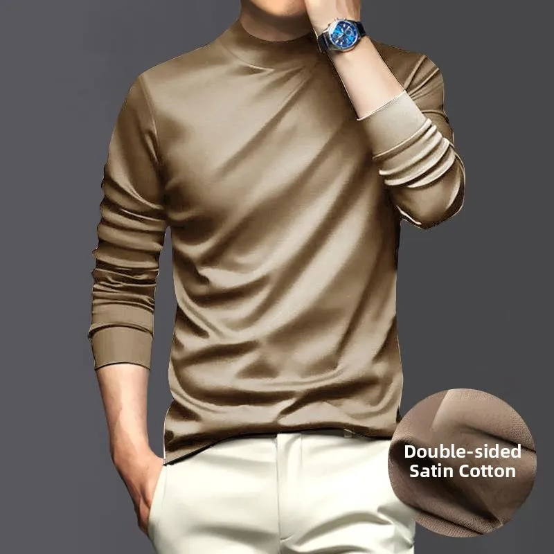 

High-End Long Sleeve Liquid Ammonia Silk Cotton Half High Collar Men's T-Shirt Skin-Friendly Anti-Static Base Shirt Top