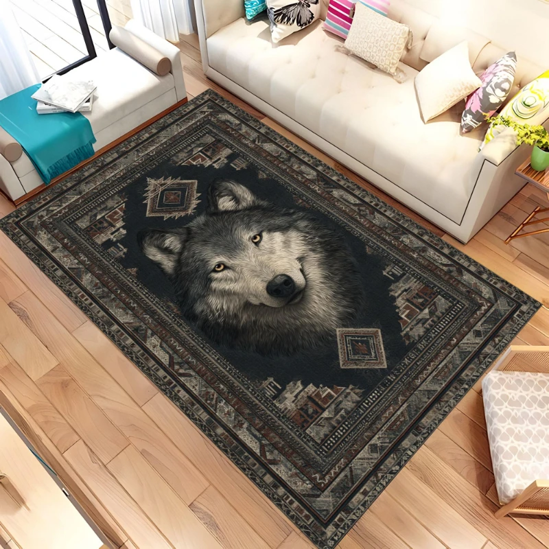 Retro Tribal Grey Wolf graphics Rug,living room sofa,bedroom bedside,dining Entry Door Mat,Washable Rug,Souvenir