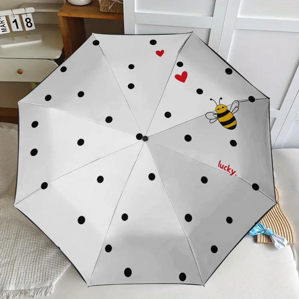 

1pc Automatic Open/Close Folding Umbrella with Heart & Bee Print - 8-Rib Durable Compact Parasol, & Polka Dots with Red Hearts