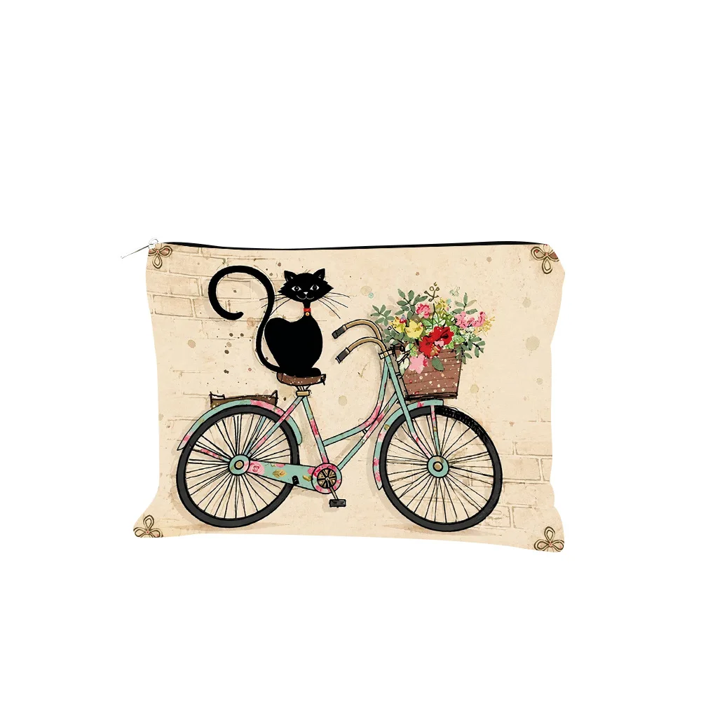 Vintage Black Cat Bicycle Floral Cosmetic Bag Retro Brick Wall Cat Bike Flower Print Zipper Women Travel Makeup Storage Pouch