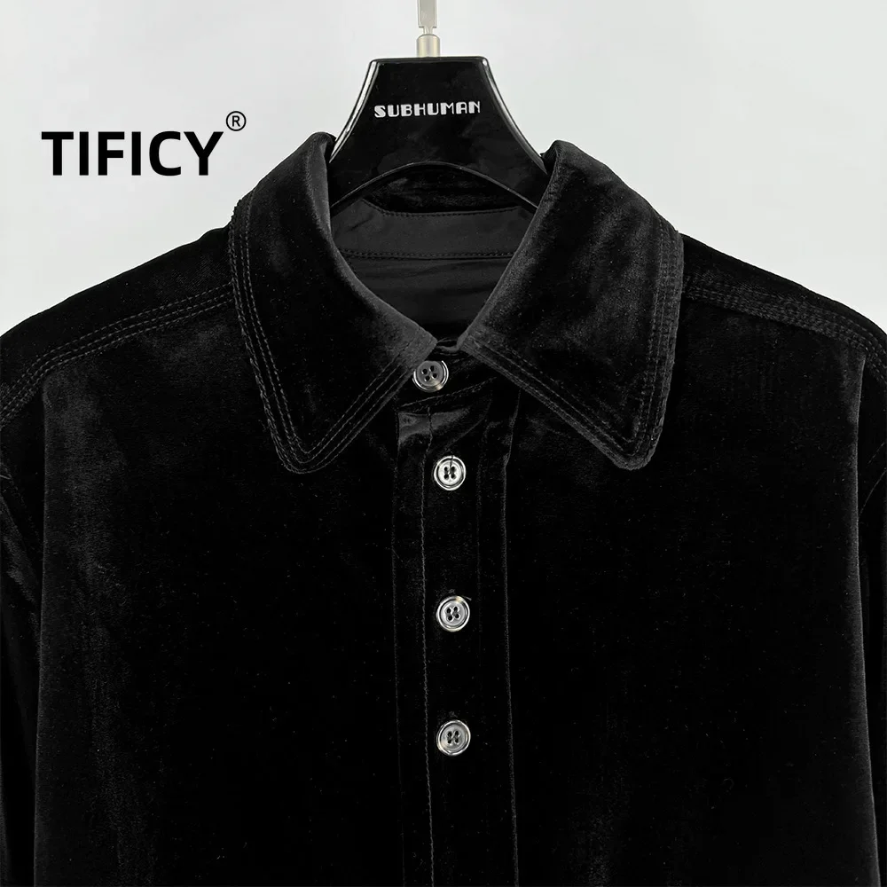 High End Luxury Women's Velvet Fabric Elegant Temperament Small Lapel Straight Tube Long Sleeved Shirt High Street Black