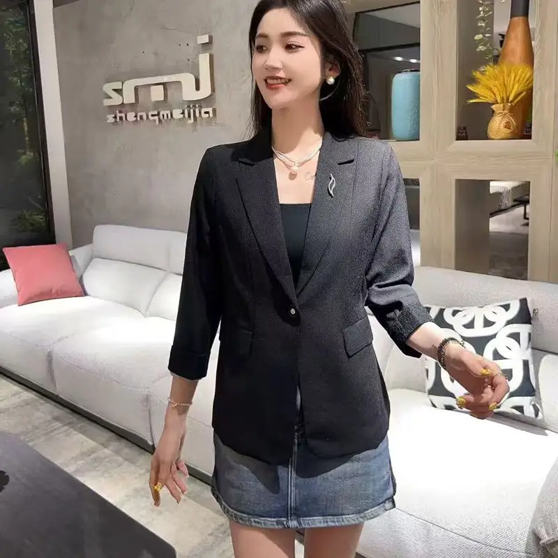 سترة نسائية قصيرة الأكمام بقصة ضيقة، أسلوب عصري، خامة خفيفة، إصدار جديد لربيع وصيف، مناسبة للعمل والأناقة اليومية