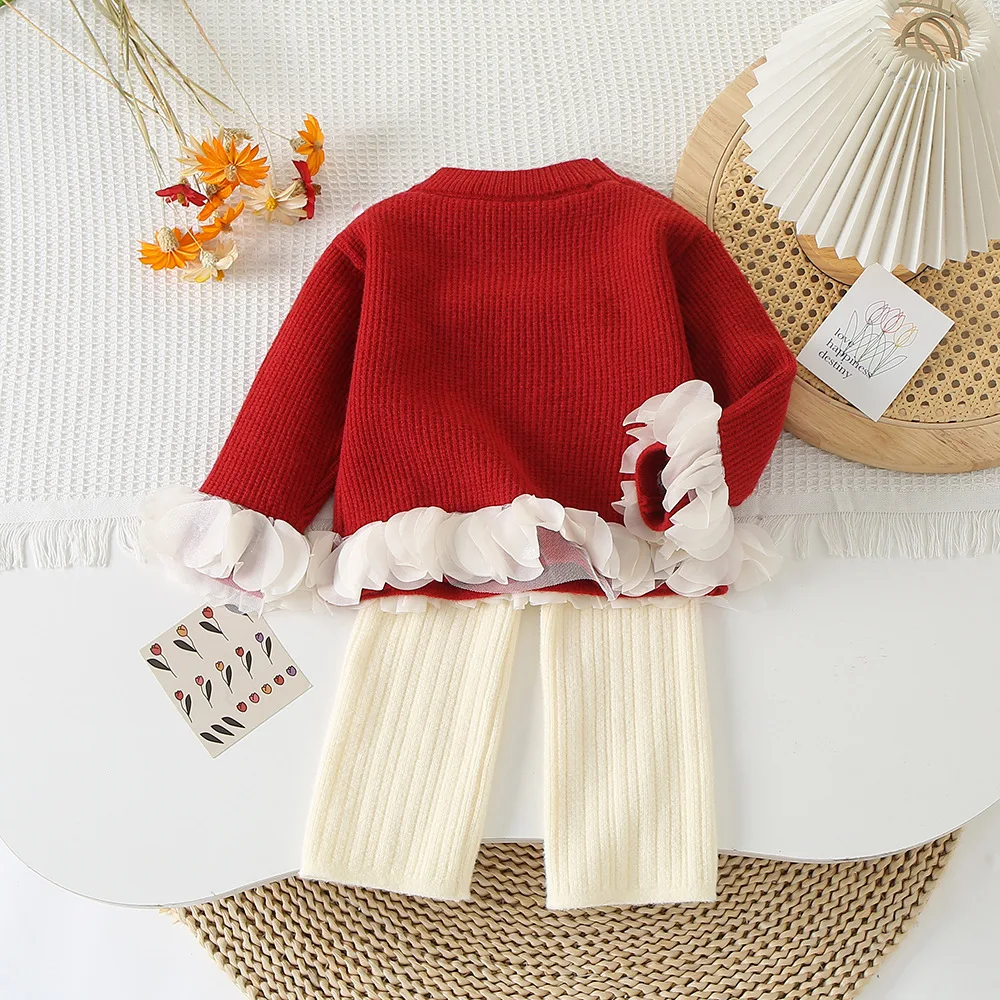 Spring Autumn Children Girls 2PCS Clothes Set Lace Hem Cuffs Metal Bow Kid Girl Sweater Vertical Stripes Toddler Girl Pants Suit