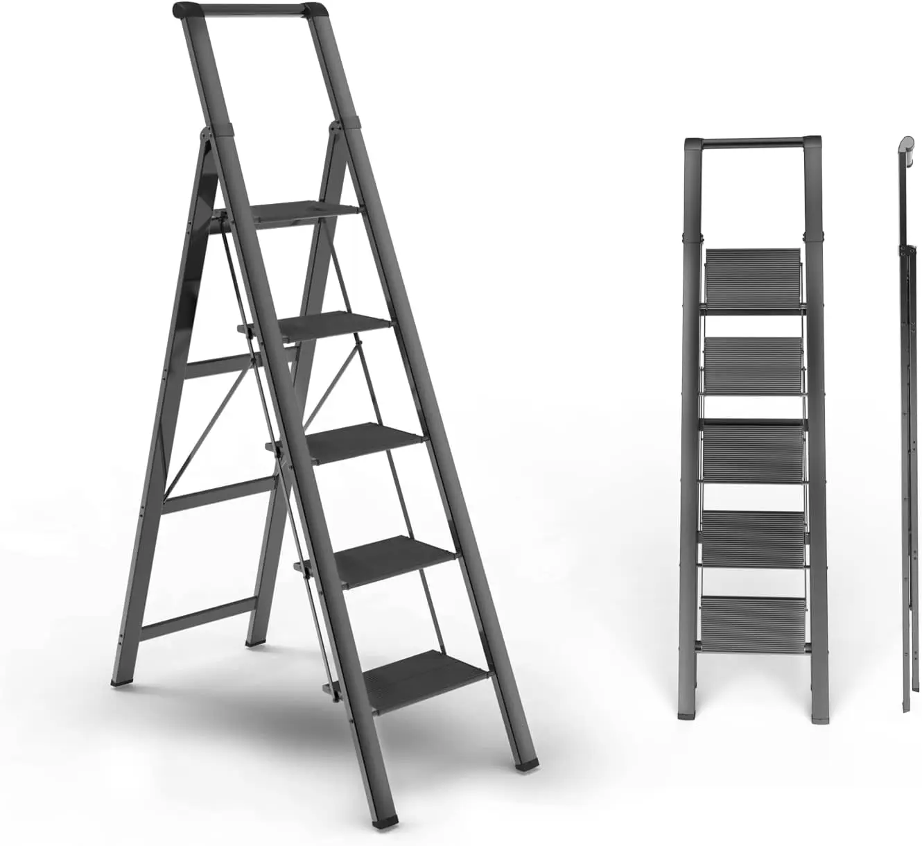 

5 Step Ladder, Folding Step Stool, Portable Iron Foldable Black Ladder for 10 Foot High Ceiling with Anti-Slip Wide Sturdy