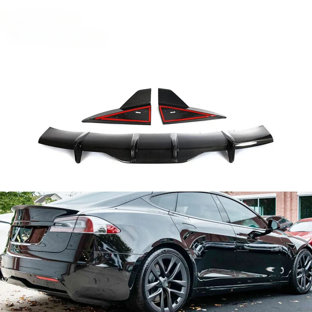 Carbon Rear Bumper Diffuser Splitters Lip Fins Canards For Tesla Model S Plaid 2021- 2023