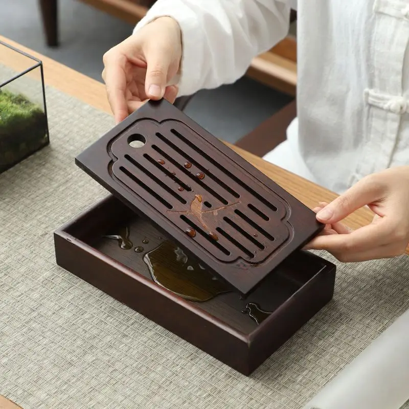 Japanese Portable Tea Serving Tray Travel Zen Mini Bamboo Tea Tray Wooden Small-scale Drainage Outdoors Exquisite Board Set