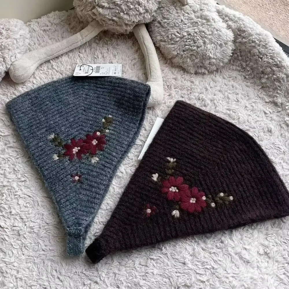 Wool Headscarf Floral Flower Embroidery Knitted Hat Retro Beanies Round Top Cap Ear Protectors Headband Bandana Women