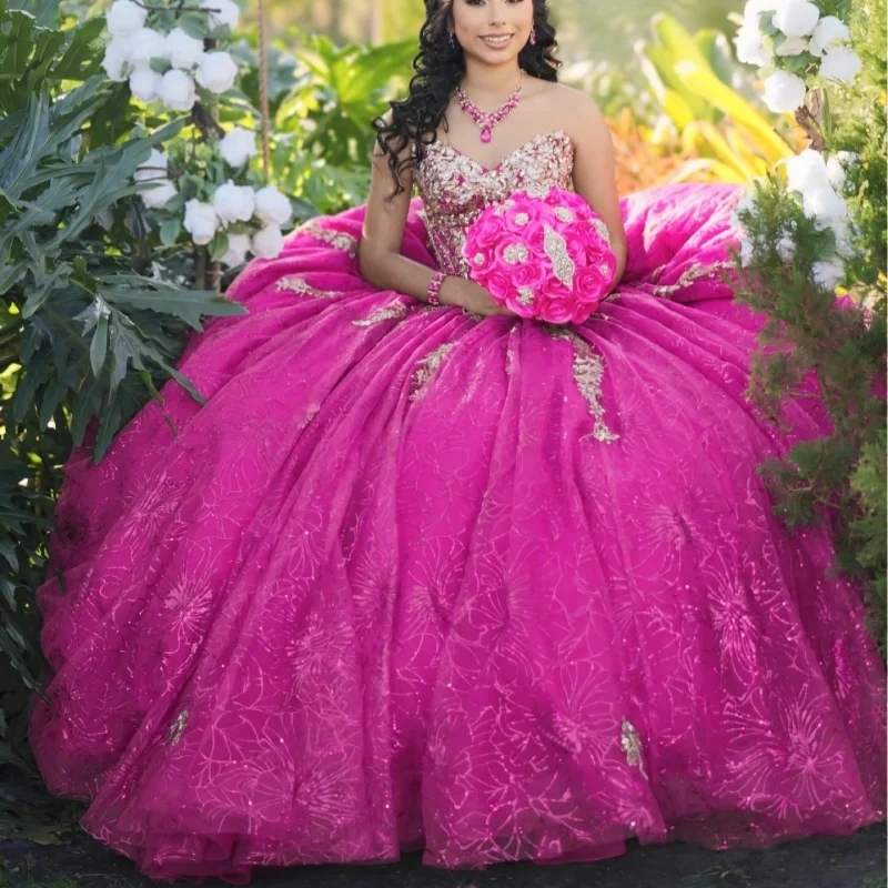 

Shiny Rose Pink Quinceanera Dresses Off the Shoulder Glitter Decal Lace Layering Long tail Bow Vestidoe 15 Quinceanera Customize