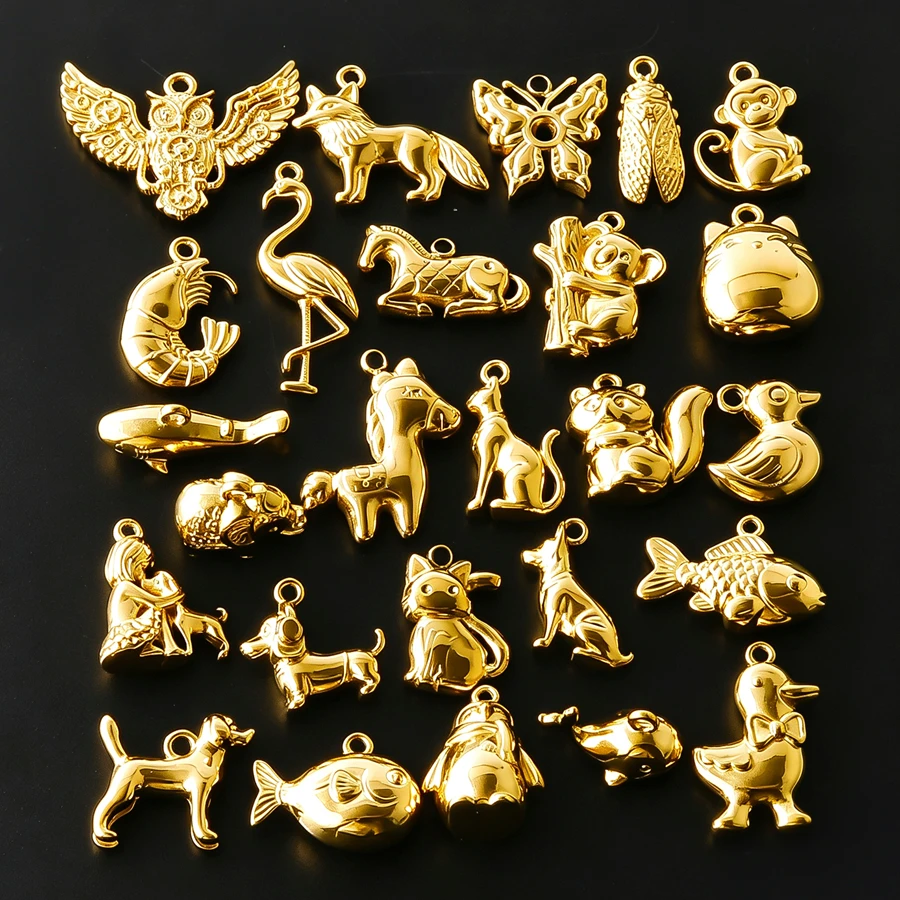 5pcs Gold Color Stainless Steel Cute Dog Fish Duck Pvd Pendants For Jewelry Making Supplies Animal Charms DIY Necklace Keychain