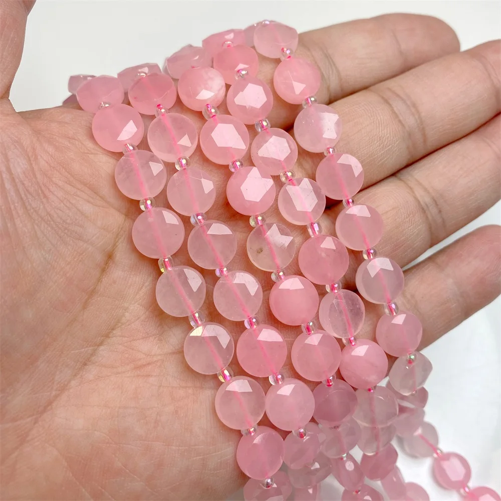 

10MM Dyed Pink Natural Chalcedony Stone Beads Quality Faceted Coin Shape Flat Spacer Round Gem Beads For Jewelry Making