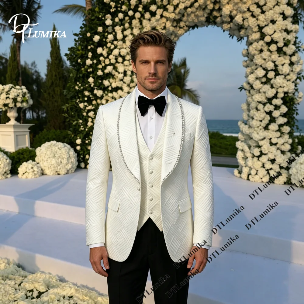 Jacquard Groom Suit for Wedding One Button Jacket with Crystals Embellished Shawl Lapel, Three Pieces Wedding Suit Prom Tuxedo