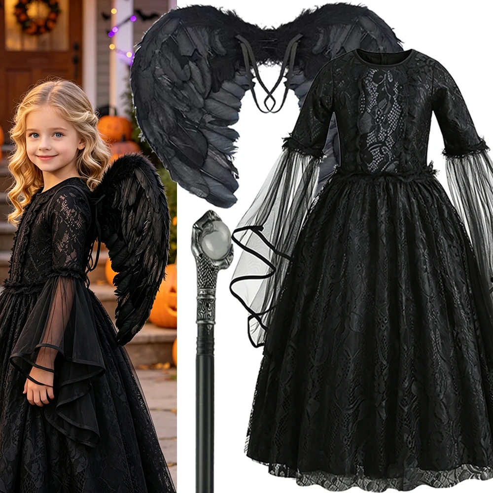 Black Witch Dress For Girls Luxury Lace Frocks Kids Halloween Carnival Birthday Cosplay Costumes Dark Theme Role Playing Outfits