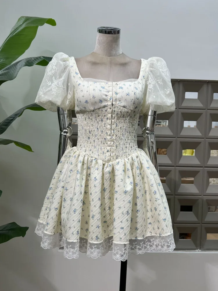فستان DFDG نسائي فرنسي مزين بالزهور وأكمام منتفخة وأزرار أمامية على شكل حرف a للربيع والصيف والحفلات المسائية اليومية
