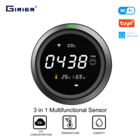 GIRIER Tuya Smart CO2 Detector, WiFi Carbon Dioxide Monitor with LCD Display, Indoor Air Quality Meter, 3-in-1 Sensor TH/RH/CO2