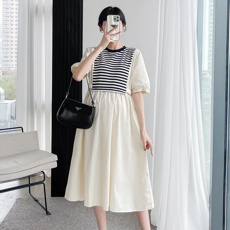 

2024 Summer Pregnancy Clothing Short Sleeve Striped Patchwork Maternity Button Fly Belt Plus Size Pregnant Woman Cotton Dress