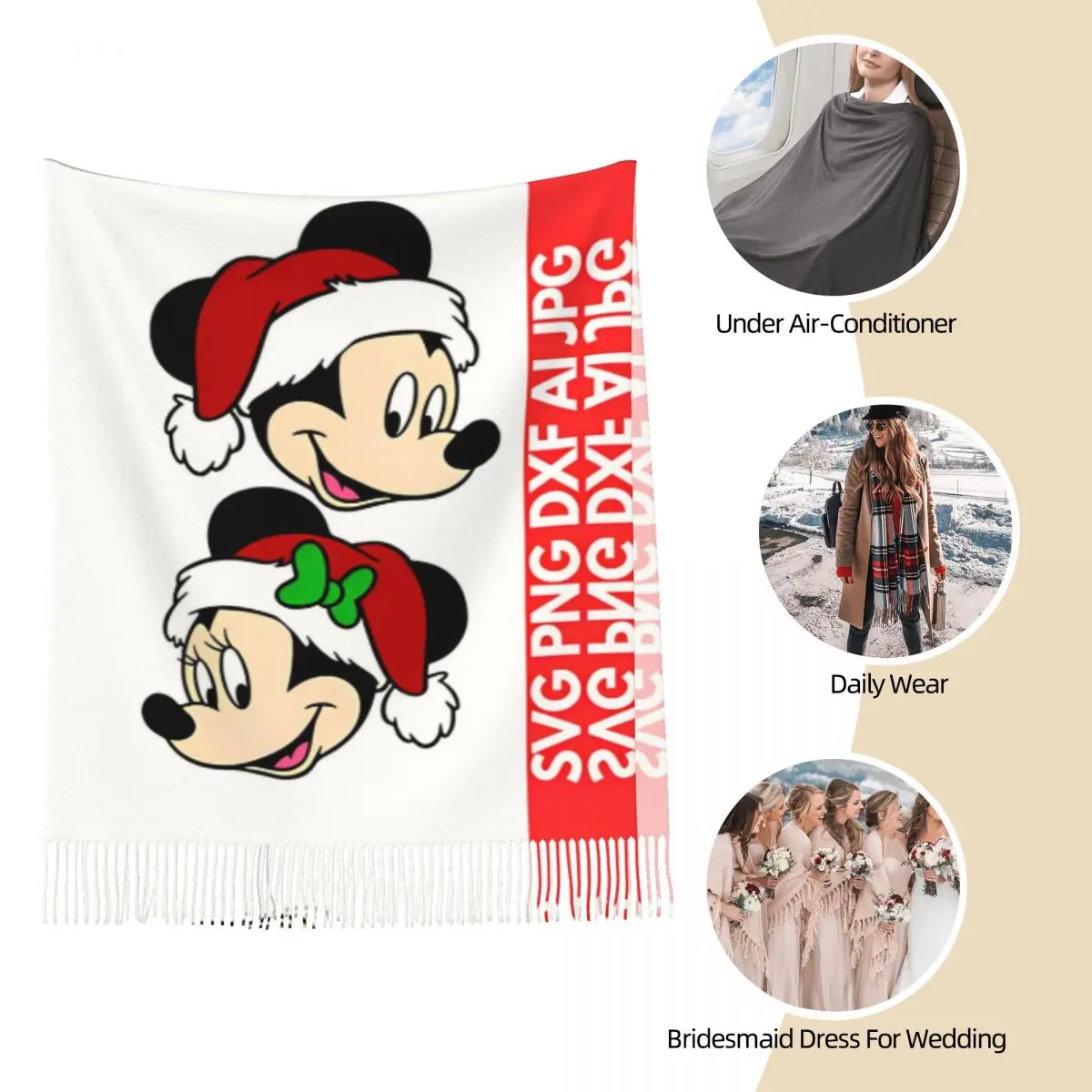 Womens Scarf with Tassel Cartoon Minnie Mickey Mouse Large Winter Warm Shawl and Wrap Daily Wear Cashmere Scarf