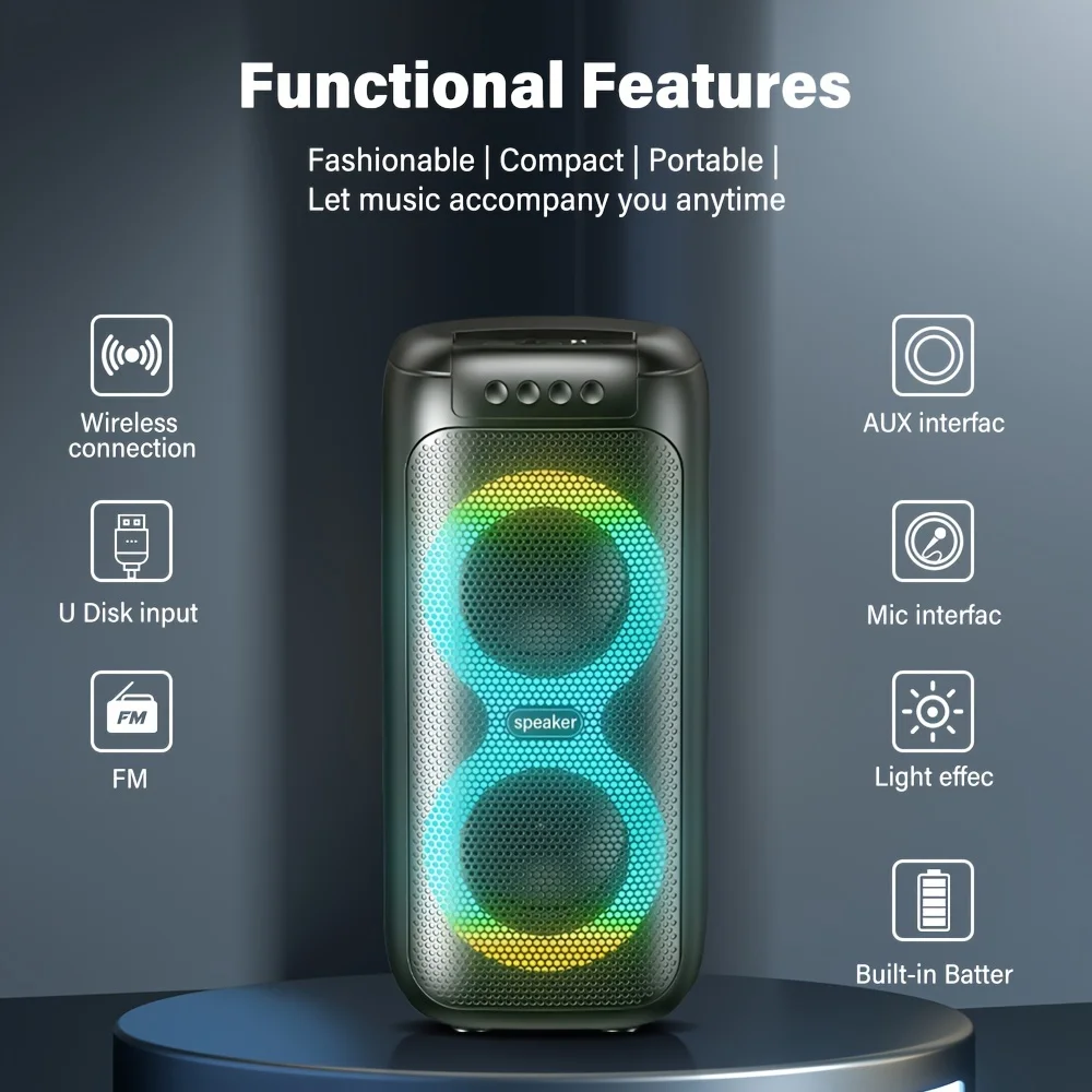 Outdoor portable BT speaker, rechargeable wireless speaker with wired AUX speaker microphone, dual 4-inch subwoofer, party light