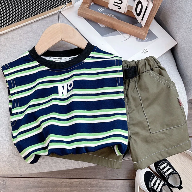 

2Piece 2025 Summer Boys Outfit Set Korean Fashion Stripe Letter Sleeveless Cotton Baby Tops+Shorts Kids Boutique Clothes B012