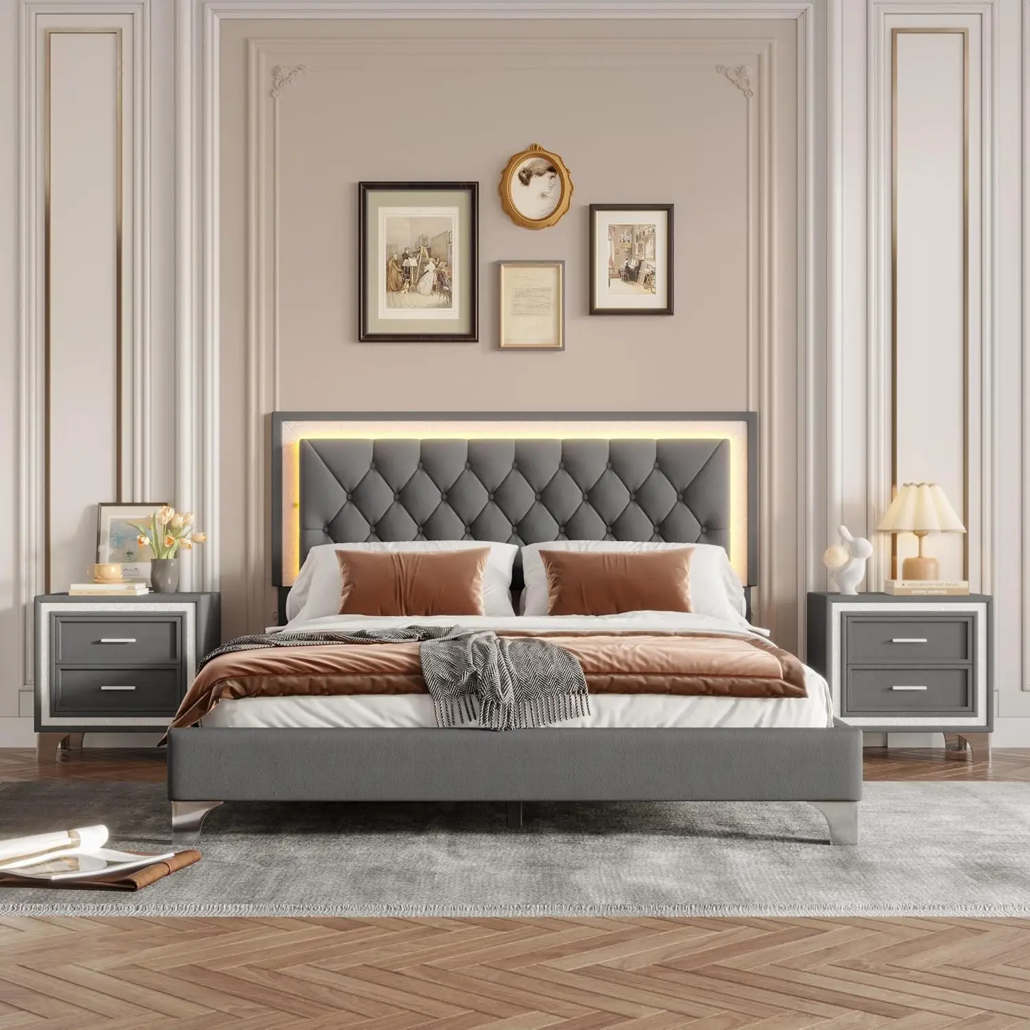 Harper & Bright Designs 3 Pieces Bedroom Furniture Sets, Upholstered Queen Size Platform Bed Frame with Headboard, Nightstands S