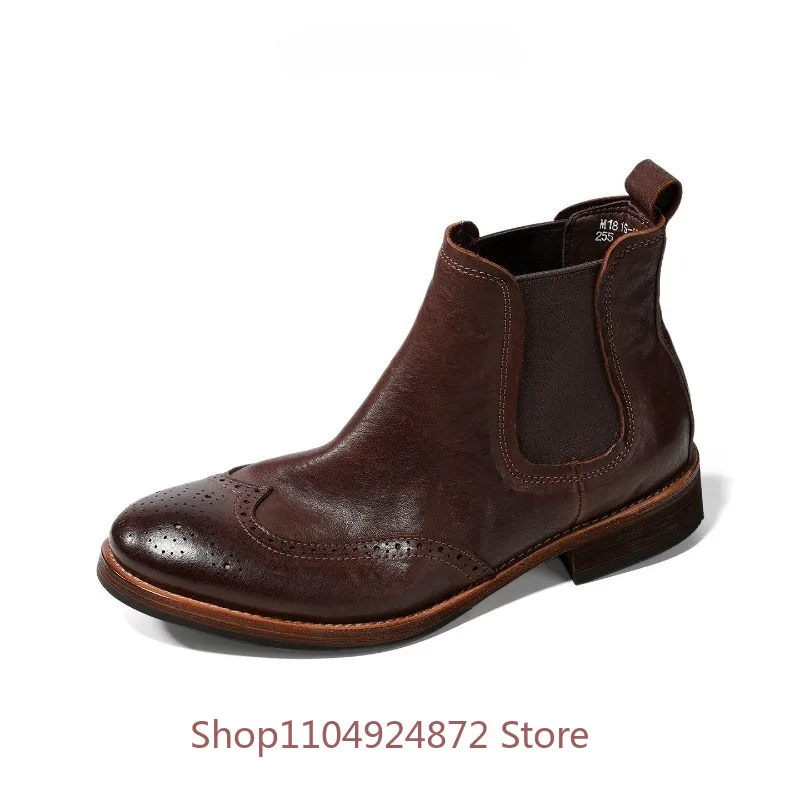 Vintage Brogue Chelsea Boots Men's Handmade Genuine Leather Elastic Side Slip on Design Business Casual Work Ankle Boots Male