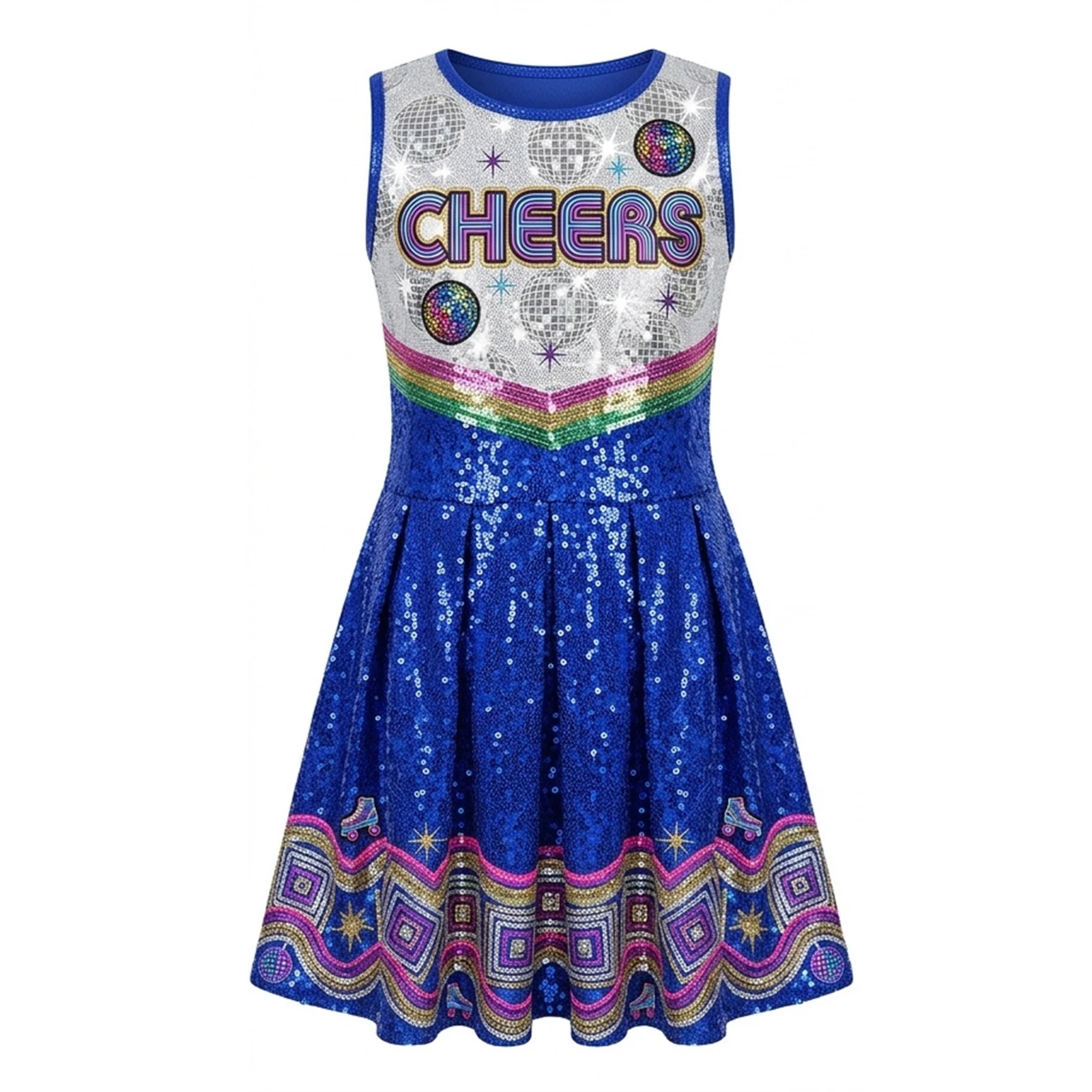 School Girls Shiny Sequins Cheer Leading Dress Round Neck Sleeveless Aline Swing Ruffle Dress Cheer Leading Performance Dress