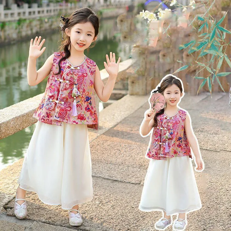 Girls' New Chinese Clothing Set 2026 New Children's Summer Chinese Sleeveless Vest Top Kids' Trendy Top Pants 2-piece Set LJ606