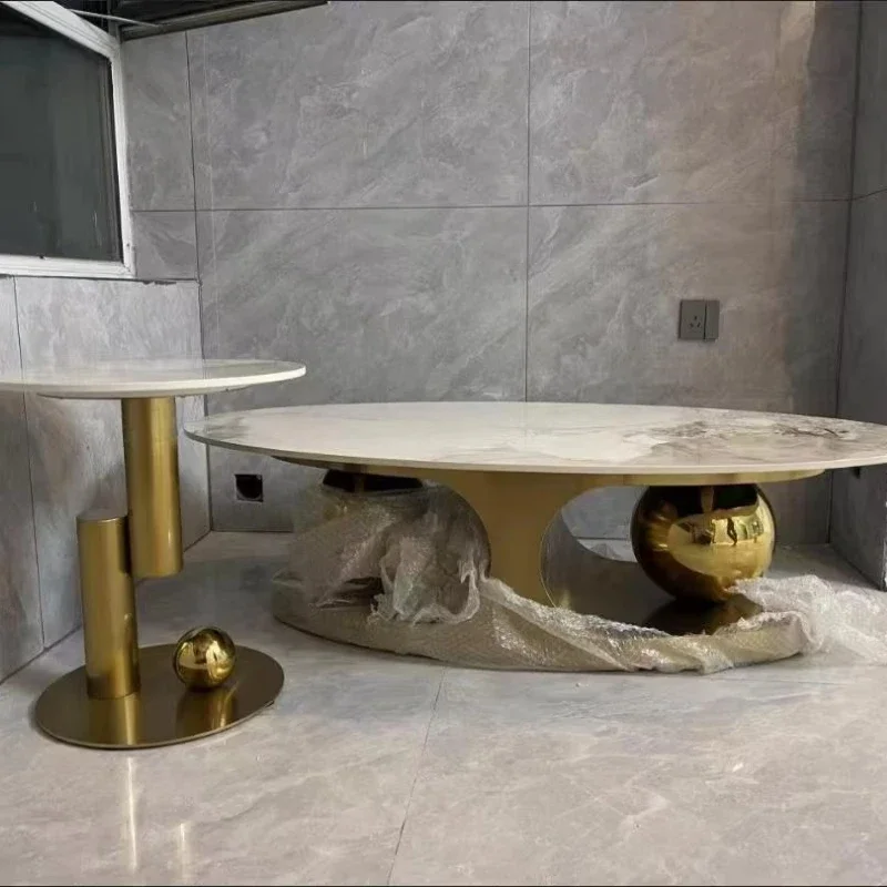 

Modern Gold Stainless Steel Coffee Table Set Round Sintering Stone Top Coffee Table