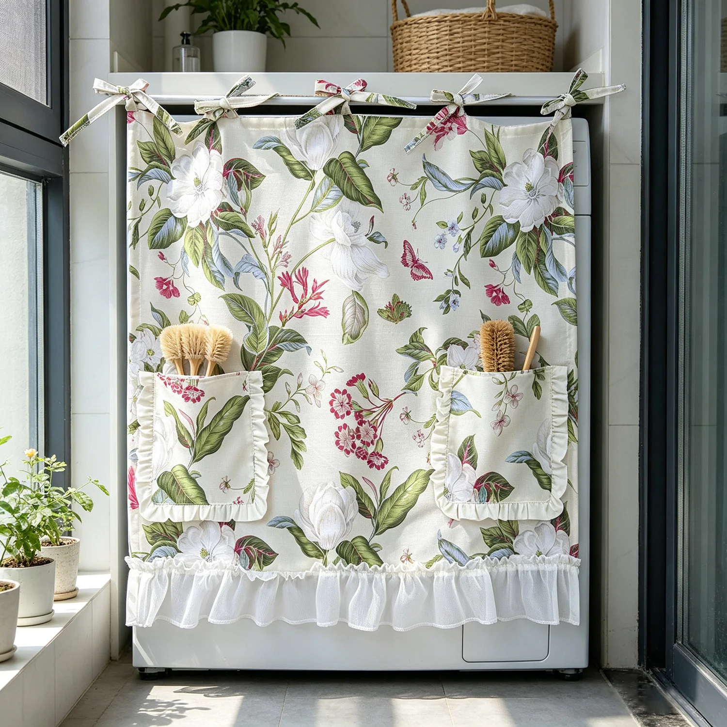 Rustic Flower Ruffled Pockets Short Cafe Curtain Tie Top Window Drapes for Stove Laundry Machine Storage Indoor Cover Decor