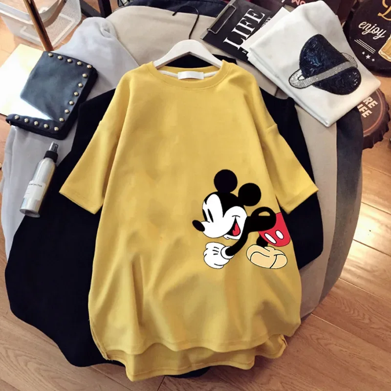 Girl Mickey T-shirt Summer Cartoon Mid-length Short-sleeved T-shirt Women\'s New Mickey Loose Large Size Half-sleeve Disney Top