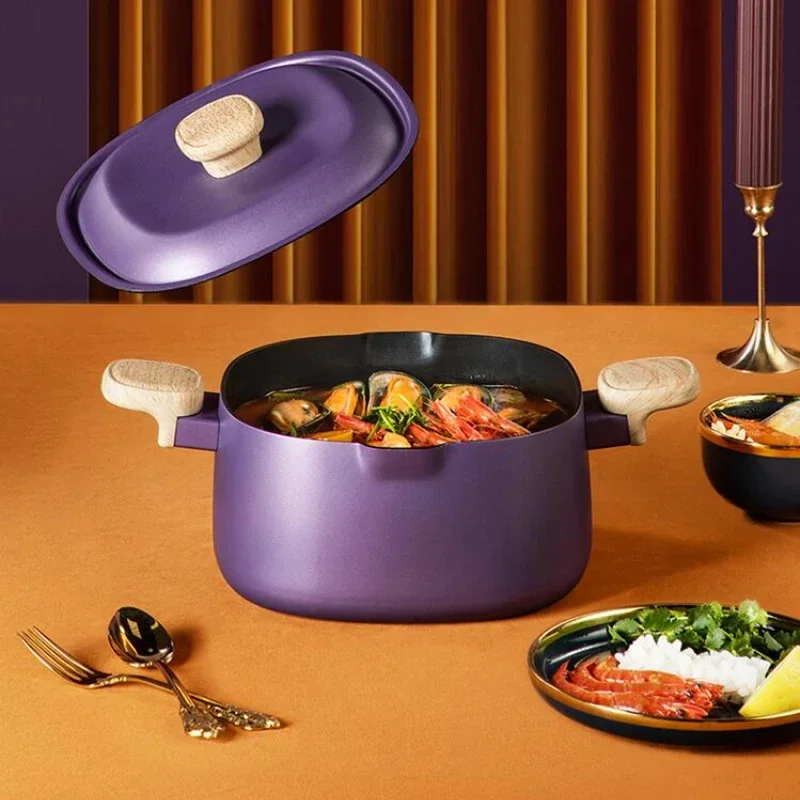 Aluminum Alloy Non-Stick Pot, Double Ear Food Grade Stew Pot, Purple Kitchenware for Gas Cooktops, Robust Pot