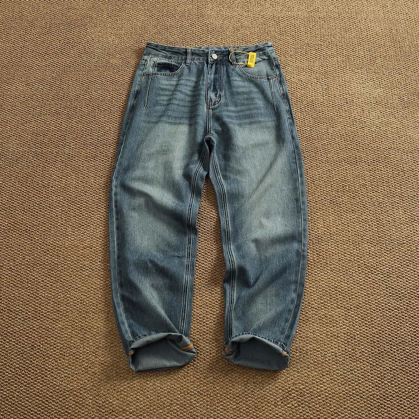 

2026 Spring Autumn Vintage Light Blue Washed Denim Jeans for Men High Street Retro Plus Size 40 Non-stretch Loose Straight Pants