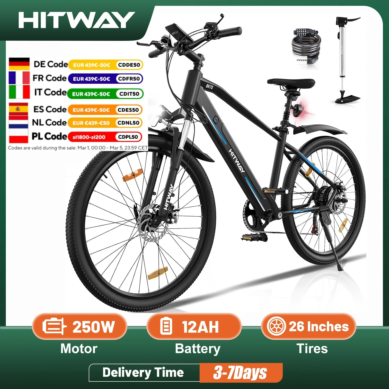 HITWAY Electric bike, powerful Mountain Electric bike 36V 12Ah 250W with speeds, 26-inch support bikes