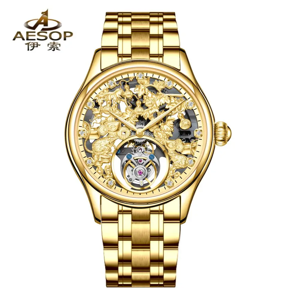 AESOP real tourbillon mechanical movement rat gourd premium brand luxury wristwatch waterproof sapphire watch for men 7073 2024