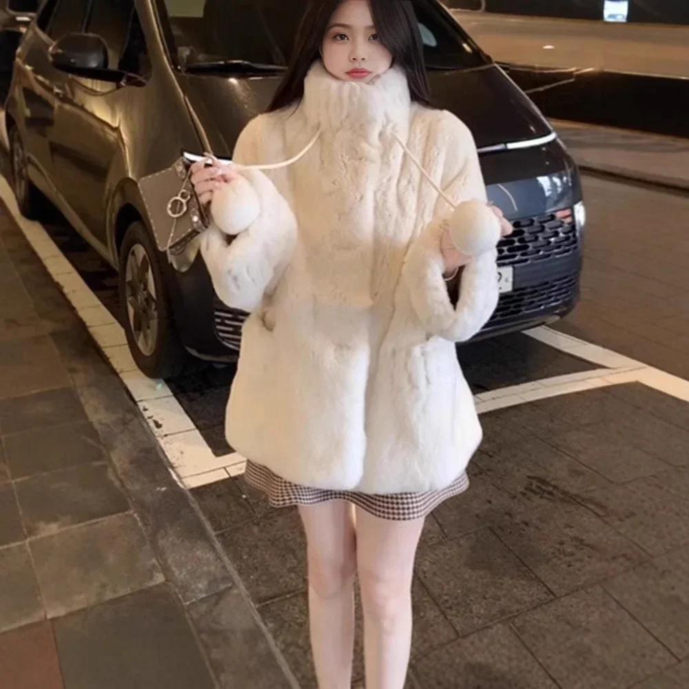 여성용 두꺼운 하이 칼라 양털 코튼 재킷 코트 통합 가죽 및 모피 겨울 따뜻한 소형 사이즈 한국 스타일