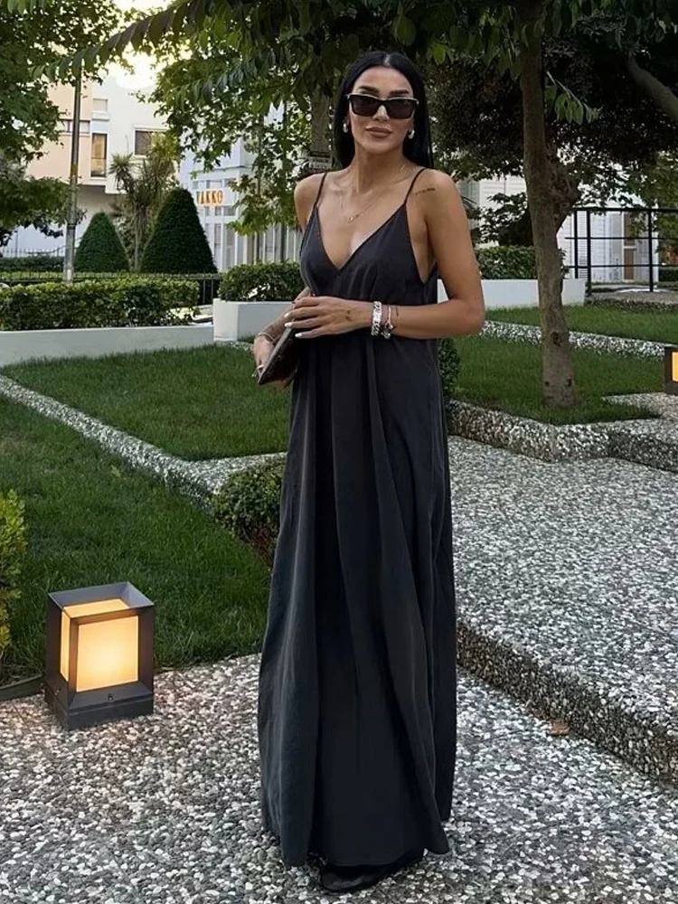 MUJER 2025 Czerwona Sukienka Maxi na Ramiączkach Damska Sexy Bez Pleców Długa Sukienka Letnia Plażowa Sukienka Damska Drapowana Sukienka na Imprezę — zdjęcie 2