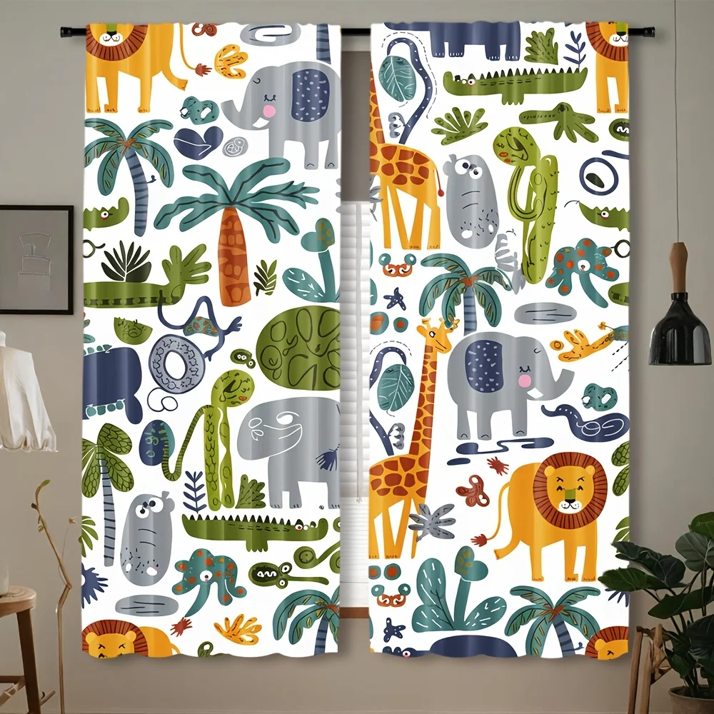 Lovely Safari Animal Blackout Rod Pocket Curtain Cartoon Lion Elephant Giraffe Palm Tree Print Kids Living Bedroom Window Decor