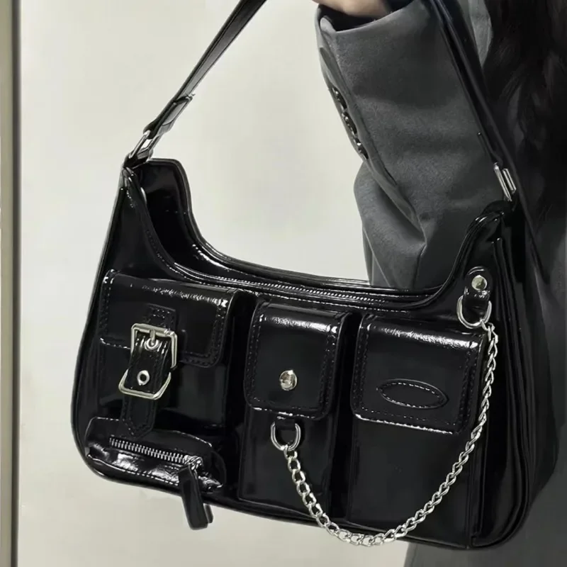 

Xiuya Y2k Moto Biker Handbags for Women 2023 Gothic Fashion High Street Shoulder Bag Black Patent Leather Casual Coin Purse