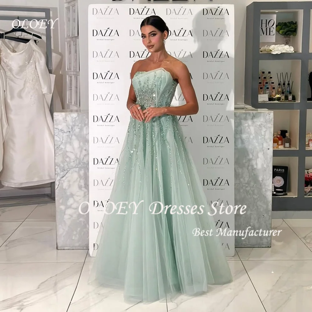 OLOEY Green Beadings Tulle Prom Dress Crystal Elegant Evening Dress Wedding Dress Sequins Formal Occasion Party Gowns Customized